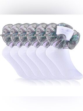 Girls Ruffle Socks Medium 6 Pair White Lace Bow Dress Socks Kids